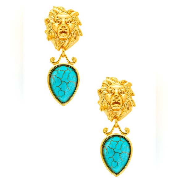 14k Gold Lion Head w/Turquoise Accents Statement Earrings - Picture 1 of 2